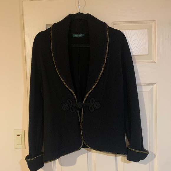 Lauren Ralph Lauren Black/Gold Shawl Collar Wool Sweater sz L - Picture 1 of 5